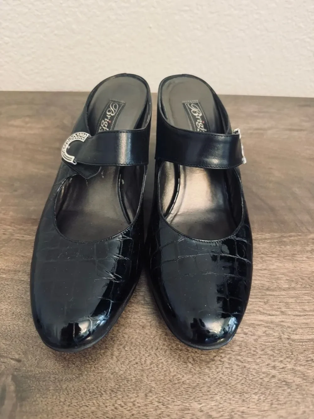 Brighton Beau Black Patent Silver Open Back Heels 7.5